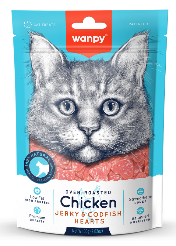 Wanpy Cat Лакомство для кошек сердечки из курицы с треской 80 г
