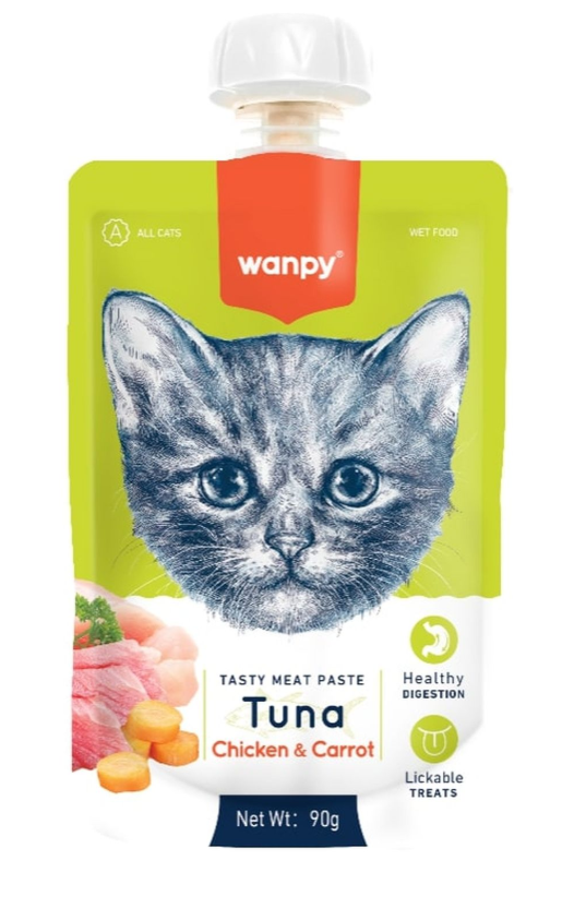 Wanpy Cat Лакомство для кошек Мясной мусс из тунца и курицы с морковью  90 г