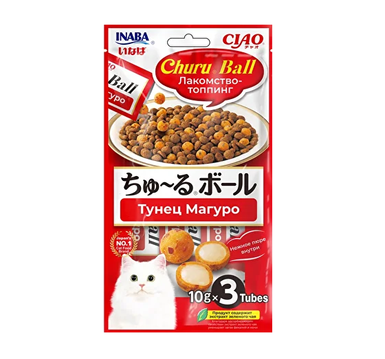 INABA. Ciao Ball Лакомство для кошек. Шарики с кремовой начинкой Тунец Магуро 10г*3шт