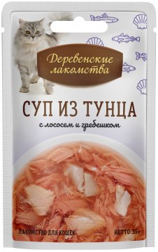 Деревенские лакомства. Суп для кошек из тунца с лососем и гребешком, 35 г