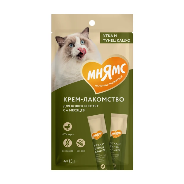 Мнямс Крем-лакомство для кошек с уткой и тунцом Кацуо 15 г х 4 шт.