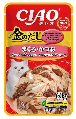 INABA. Kinnodashi Пауч для кошек. Тунец магуро и тунец Кацуо в желе 60г