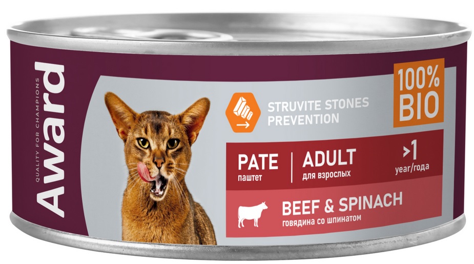 AWARD Влажный корм для взрослых кошек паштет из говядины со шпинатом