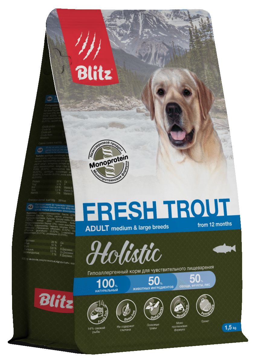Blitz Holistic. Монопротеиновый корм для взрослых собак средних и крупных пород со свежей форелью