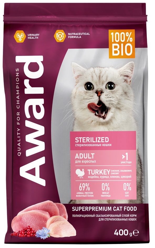AWARD Sterilized для взрослых стерил кошек с индейкой и курицей с добавлением клюквы и цикория