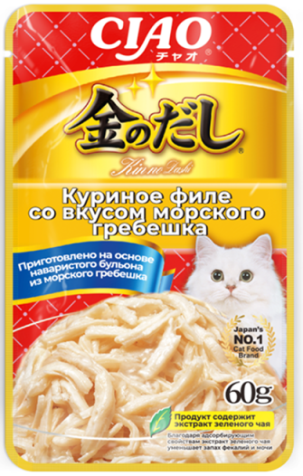 INABA. Kinnodashi Пауч для кошек. Куриное филе со вкусом морского гребешка в желе 60г