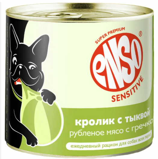 Enso Monoprotein. Влажный корм для взрослых собак чувствительное пищев, кролик с тыквой, 190г