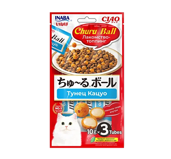 INABA. Ciao Ball Лакомство для кошек. Шарики с кремовой начинкой Тунец Кацуо 10г*3шт