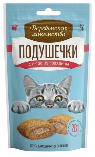 Деревенские лакомства. Для кошек. Подушечки с пюре из говядины, 30 г