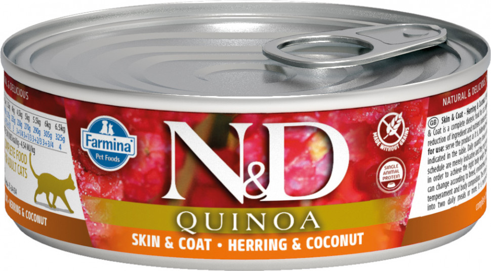 Farmina N&D GF Quinoa Skin & Coat, консервы для кошек, сельдь и кокос, 80 г