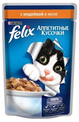 FELIX  85 гр для кошек Индейка аппетитные кусочки в желе (пауч)