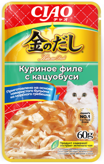 INABA. Kinnodashi Пауч для кошек. Куриное филе с кацуобуси в желе 60г