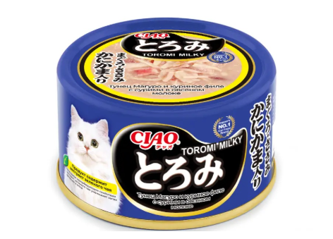 INABA. Ciao Toromi Milk Консервы для кошек Тунец Магуро, куриное филе, Сурими в овсяном молоке 80г