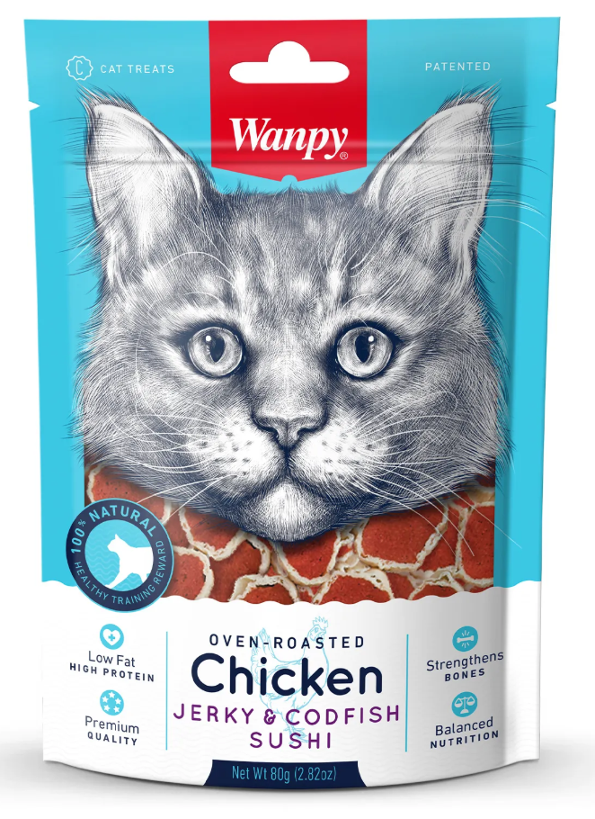 Wanpy Cat Лакомство для кошек суши из курицы с треской 80 г