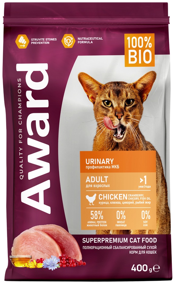 AWARD Urinary для взр. кошек для профилактики МКБ с курицей, клюквой, цикория и рыбьего жира