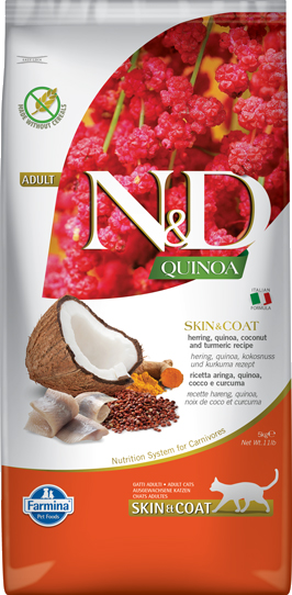 Farmina N&D GF Quinoa Skin & Coat, беззерновой корм для кошек. Сельдь, киноа, кокос и куркума