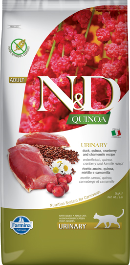 Farmina N&D GF Quinoa Urinary, беззерновой корм для кошек. Утка, киноа, клюква и ромашка