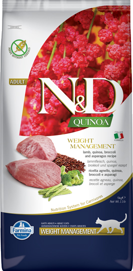 Farmina N&D GF Quinoa Weight Manag, беззерновой корм для кошек. Ягненок,киноа,брокколи, спаржа