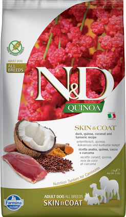 Farmina N&D GF Quinoa Skin & Coat, беззерновой корм для собак, утка, киноа, кокос и куркума