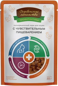 Деревенские лакомства. Профилактика. Паучи для кошек с чувствительным пищеварением с курицей, 85 г