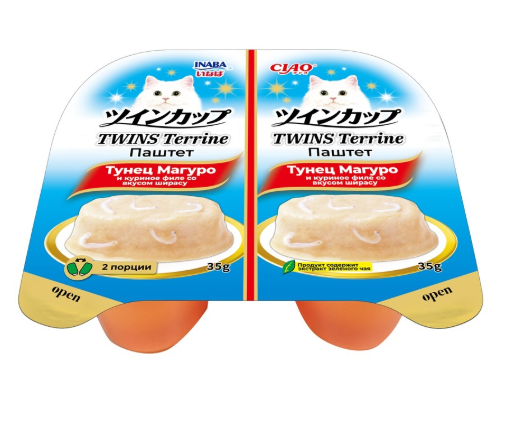 INABA. Ciao TWINS Terrine Паштет для кошек тунец Магуро и куриное филе со вкусом ширасу, 70г